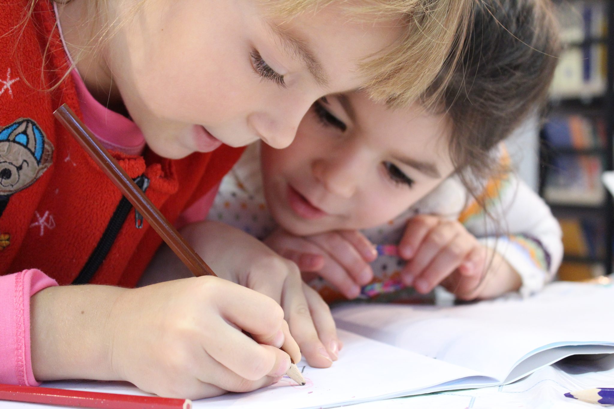 dos niñas trabajando en un dibujo a lápiz