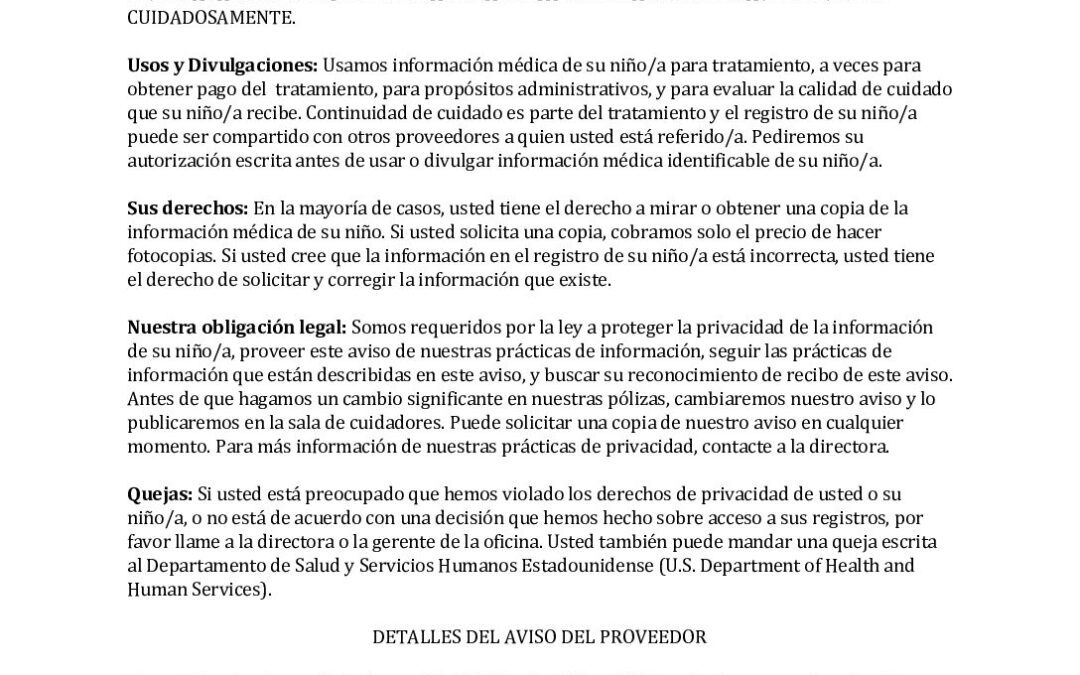 Provider Notice of Privacy Practices – Spanish