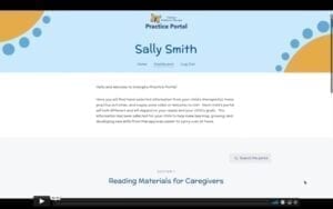 screenshot of the home page of the practice portal. blue banner heading with yellow details. The name "Sally Smith" is the title with text below