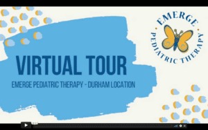 Off white background with a large blue splotch plus blue and yellow dots. Butterfly logo in the top left corner. Dark blue font on the large blue splotch says "Virtual Tour Emerge Pediatric Therapy - Durham Location"