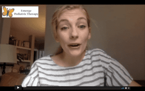 Blonde, female, therapist in a striped tops talks to the camera. butterfly logo in the upper left corner.