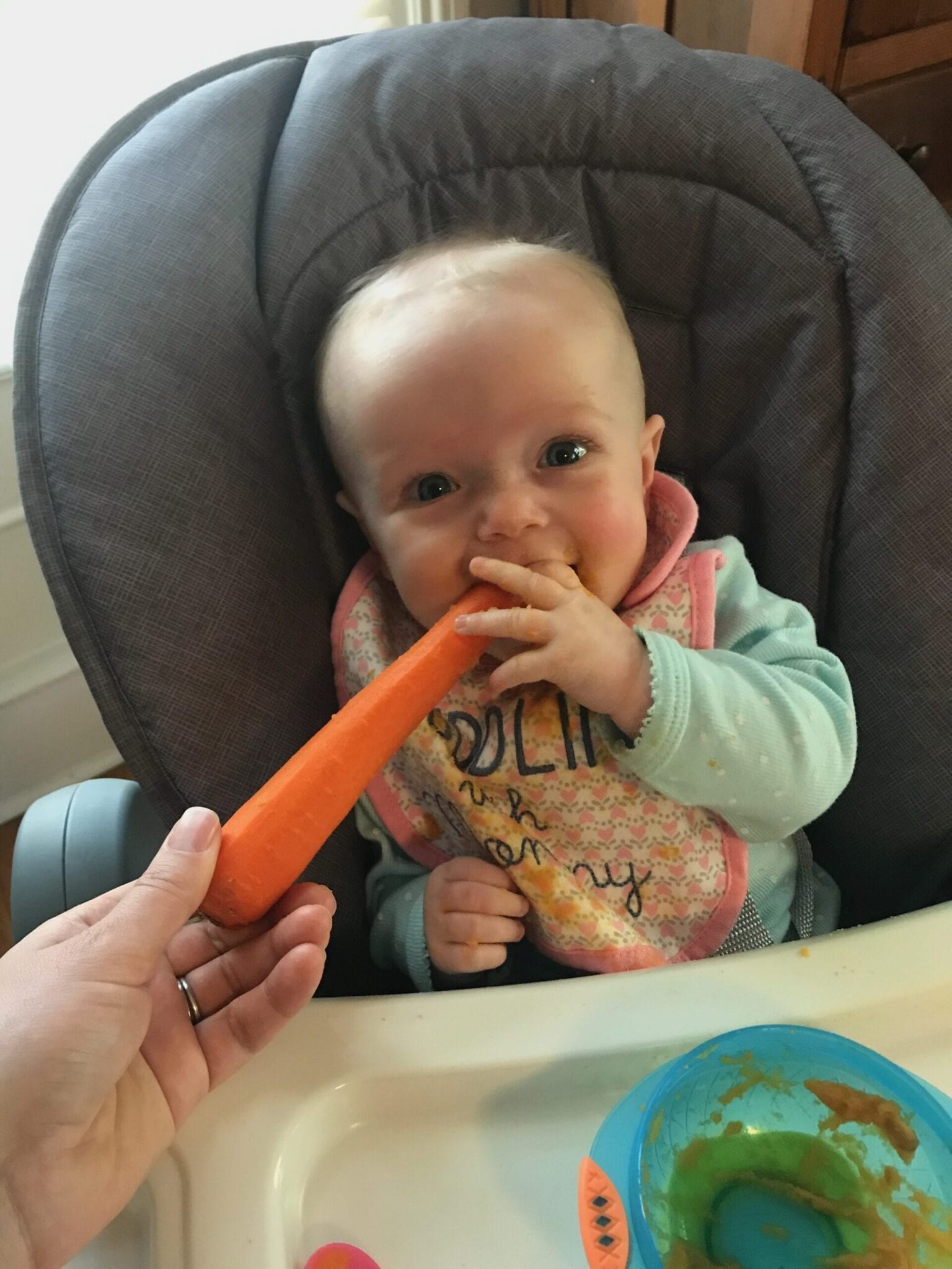 bebé sentada en su trona, sosteniendo una gran zanahoria cruda en su boca