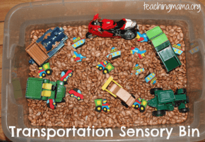 Transportation Sensory Bin filled with Beans and Trucks